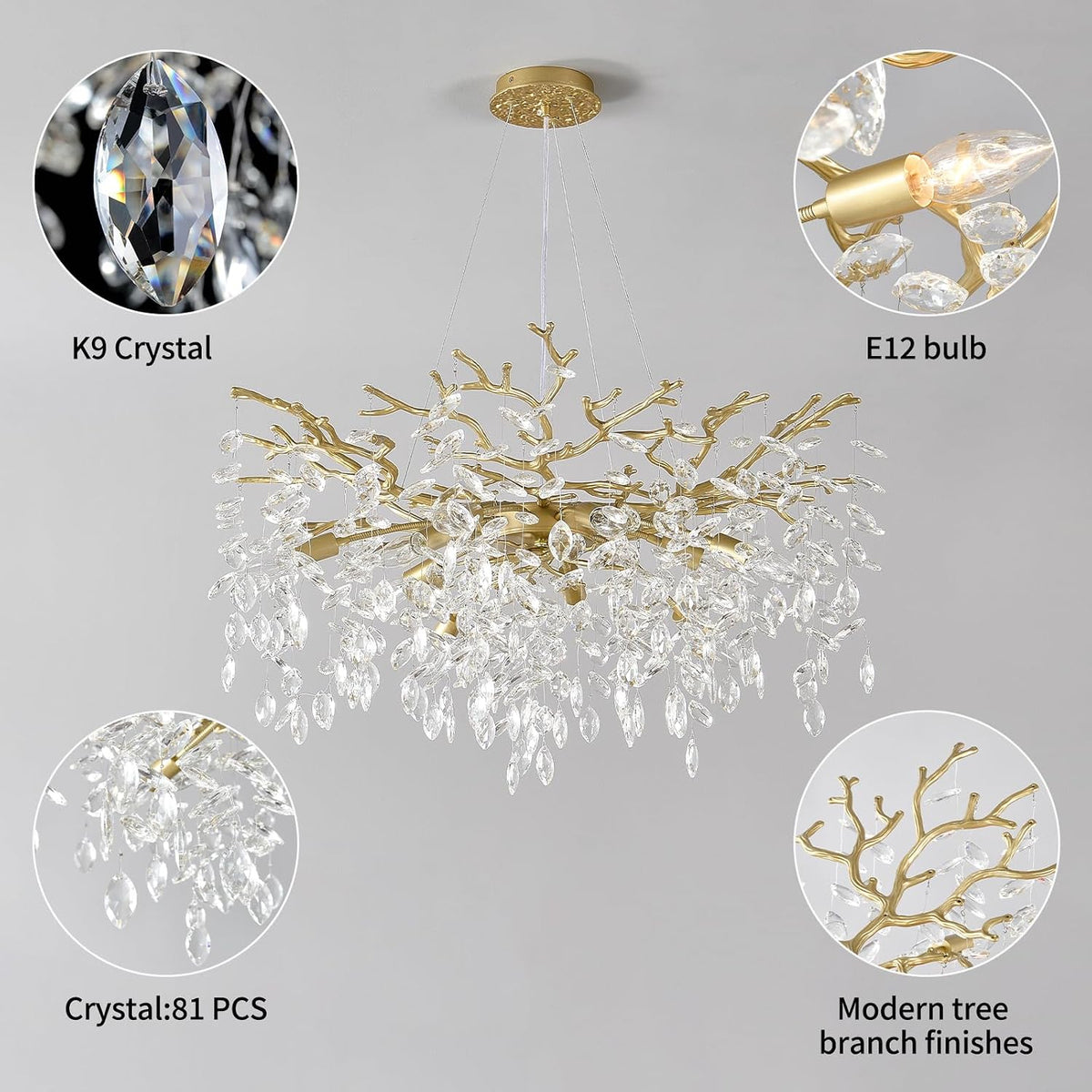 EGM Gold Tree Branch Chandelier 32" 10-Light Modern Crystal Light Fixture