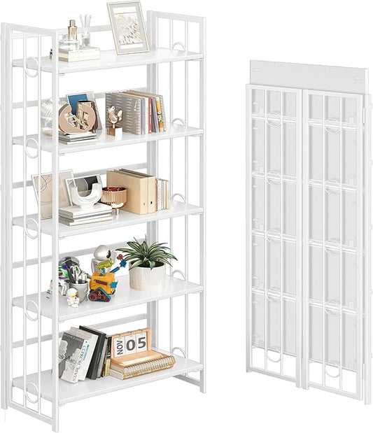 4NM No Assembly 5 Tiers Folding Bookshelf, 59.4" H Foldable Storage Shelves by 4NM