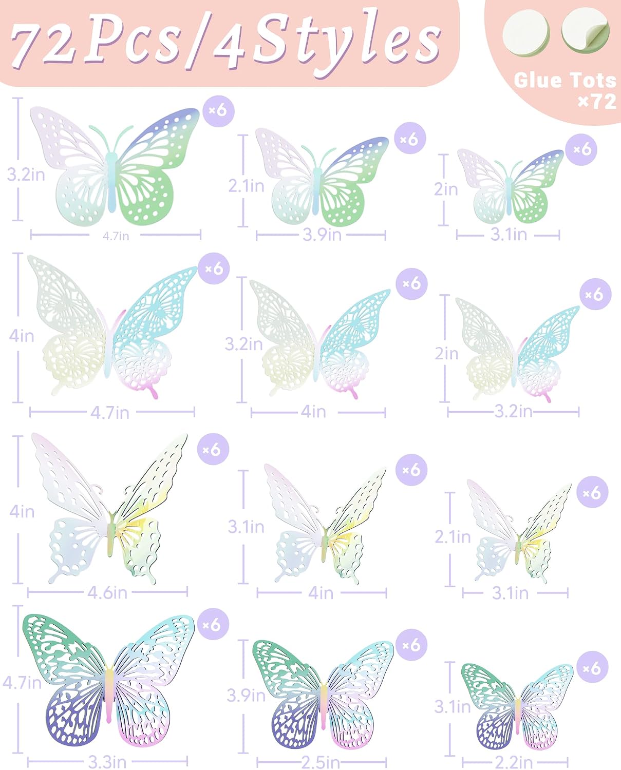 72Pcs 3D Butterfly Wall Decor, Laser Butterfly Decorations, 4 Styles 3 Sizes Removable Butterflies Room Decor Butterflies Wall Stickers for Birthday Party Garden Tea Cake Flower Decorations