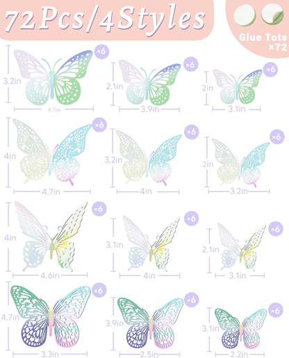 72Pcs 3D Butterfly Wall Decor, Laser Butterfly Decorations, 4 Styles 3 Sizes Removable Butterflies Room Decor Butterflies Wall Stickers for Birthday Party Garden Tea Cake Flower Decorations