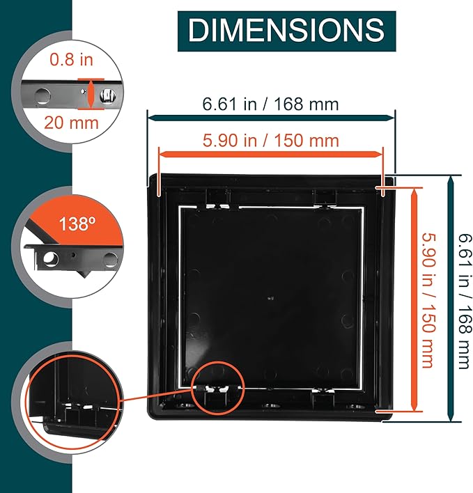 6" x 6" Black Plastic Access Panel. Service Shaft Door Panel. Plumbing - Image 2