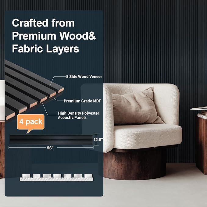 NeatiEase Wood Slat Wall Panels, 4-Piece 96" x 12.6", Soundproof & Noise - Image 2