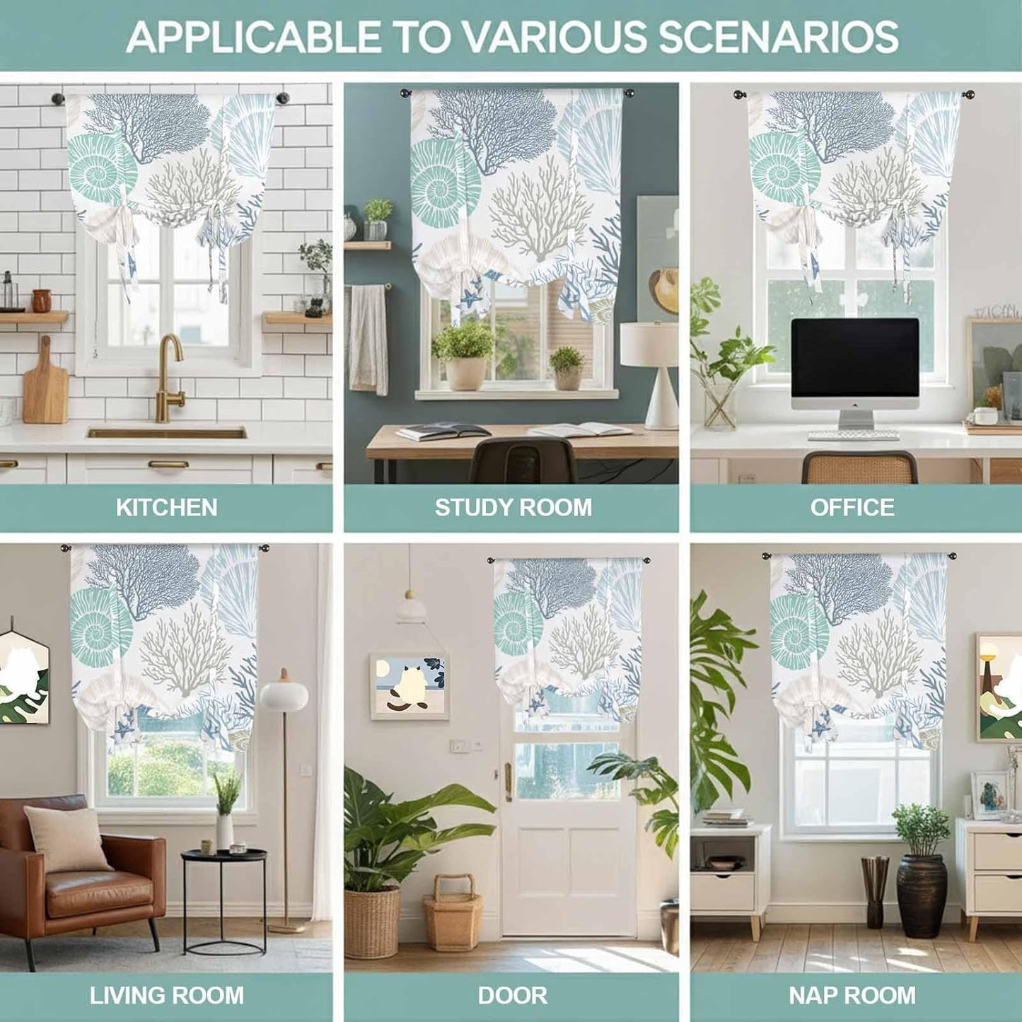 Ocean Coral Starfish Tie Up Window Shade Curtain,Nautical Coastal Shell Tie Up Curtain for Kitchen Windows,Marine Sealife Adjustable Valance Balloon Curtains,Blue Teal White Rod Pocket Panel 52x45in