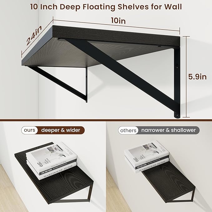 Axeman Deep Floating Shelves | 24 Inch Black Wall Shelves Set of 2 | 10 Inch - Image 3