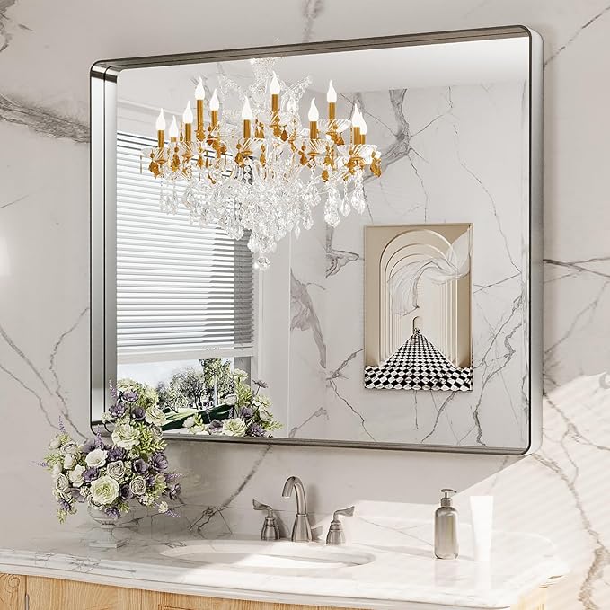 LOAAO 48x40 Inch Brushed Nickel Bathroom Mirror, Rounded Rectangle Silver Metal by LOAAO