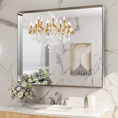 LOAAO 40X36 Inch Brushed Nickel Bathroom Mirror, Rounded Rectangle Silver Metal - Image 8