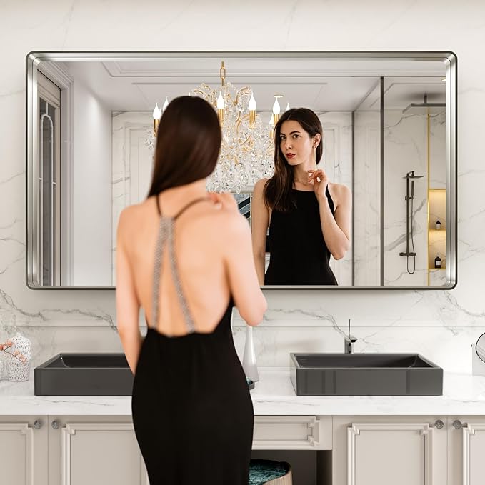 LOAAO 72X40 Inch Brushed Nickel Bathroom Mirror, Rounded Rectangle Silver Metal - Image 2