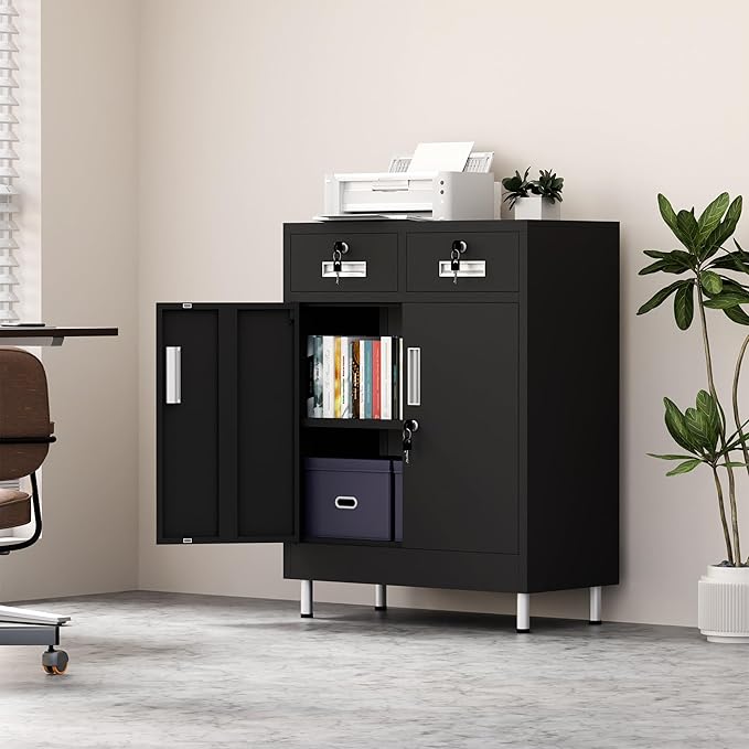 Metal Storage Cabinet with Locking Doors and 2 Drawers, Lockable Storage - Image 8