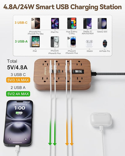 Walnut Power Strip with USB Ports - 5 FT Wood Power Strip - Image 7