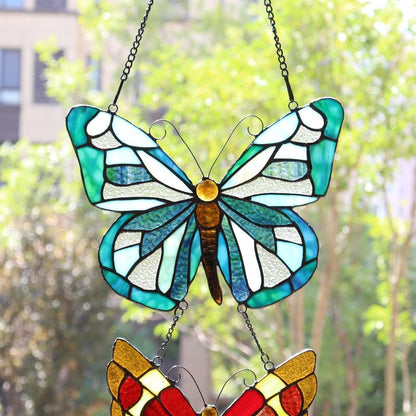 Bieye W10053 Butterfly Tiffany Style Stained Glass Window Panel with 3 Pieces Hanging Successively Within Chains, 12" W x 25" H