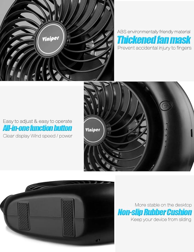 Viniper Portable Rechargeable Fan, Small Desk Fan : 3 Speeds & about 8-24 Hours - Image 5