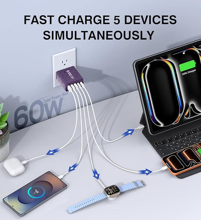 USB C Wall Charger, 60W Charger Block 5-Port PD Fast Charging Blocks, Type C - Image 2