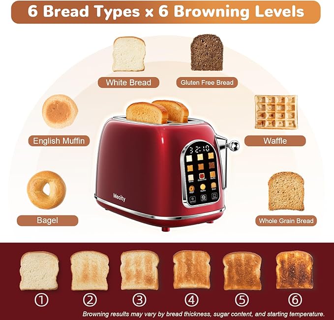 Mecity Toaster 2 Slice, Touch Screen Wide Slot Retro Toaster - Image 2