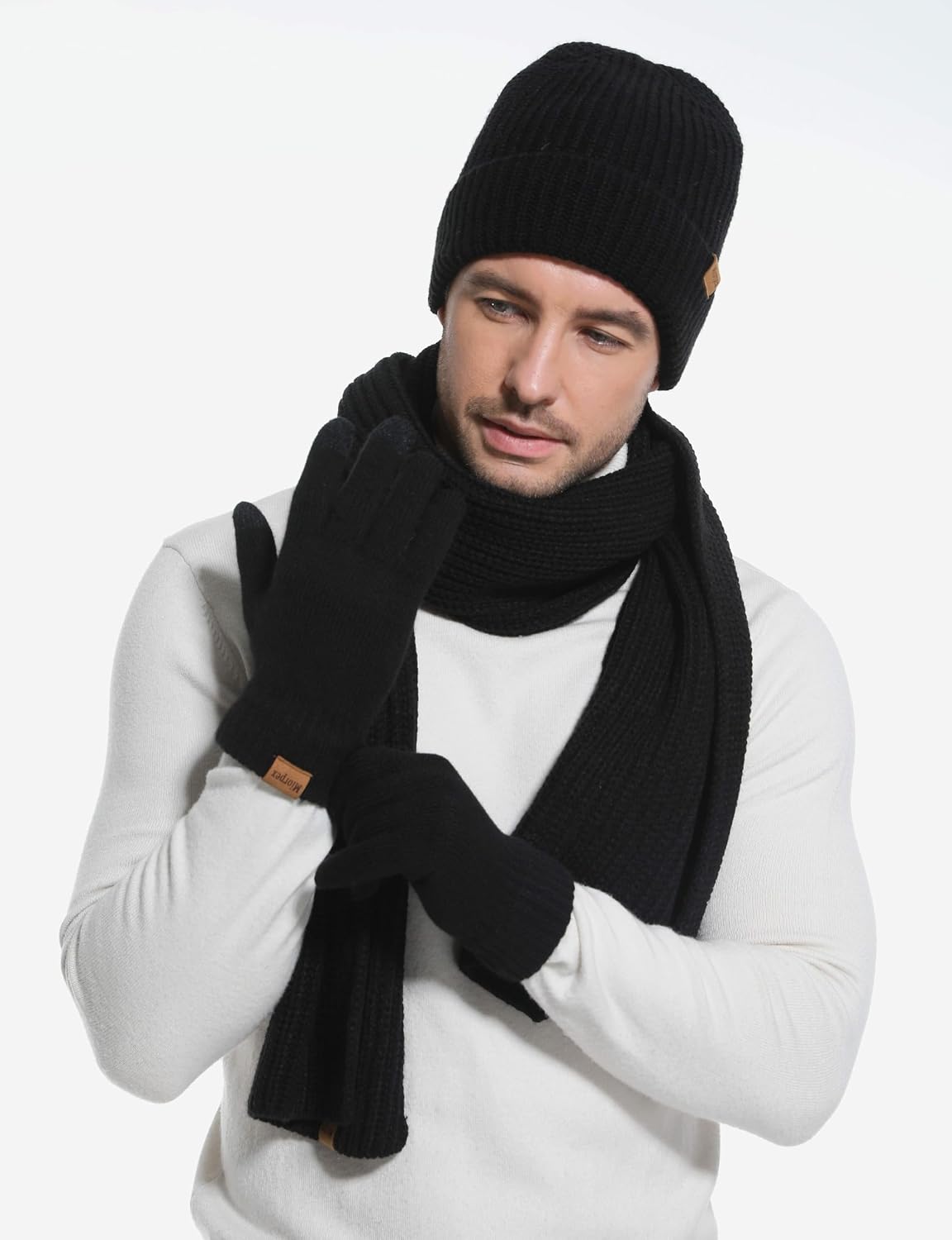 Mens Winter Beanie Hat Touchscreen Gloves Long Scarf 3 Set with Warm Fleece L...