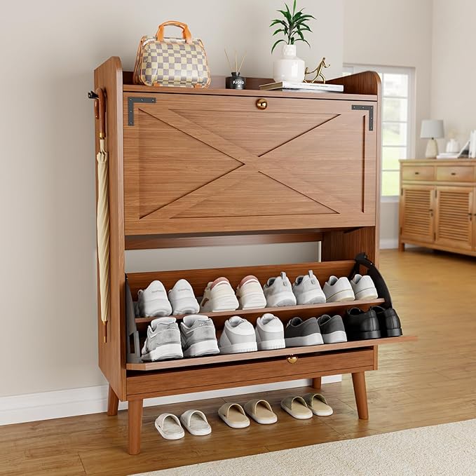 Shoe Storage Cabinet with 2 Flip Drawers & Adjustable Shelves, Narrow Shoe - Image 9