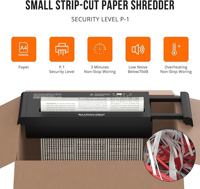 Small Paper Shredder for Home, 6 Sheet Strip Cut Paper Shredder Without Basket - Image 2