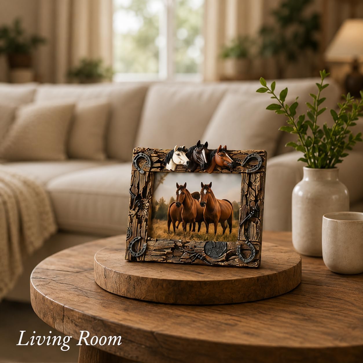 Comfy Hour Horse Figurine Photo Frame 10.7 Inch, Western Picture Frame for 5x7 Photos, Rustic Brown Resin Cowboy Decor for Desk, Mantel, Office