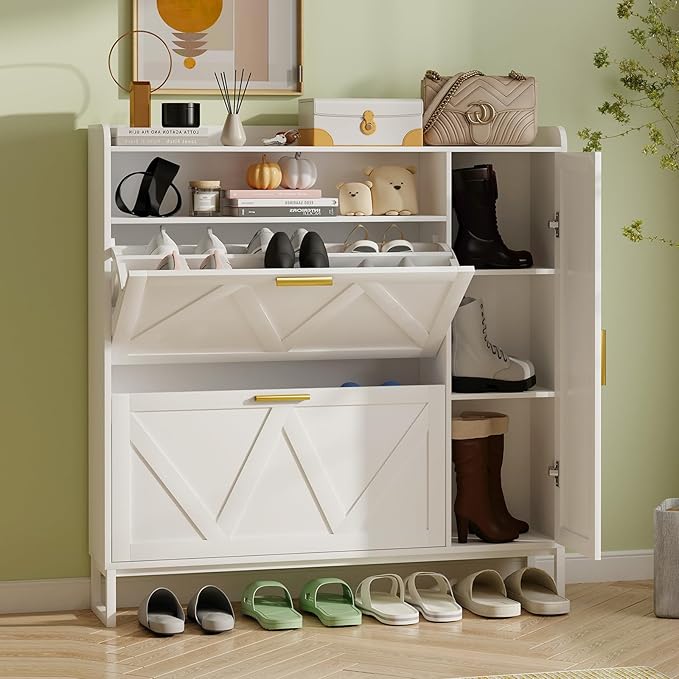 White Shoe Cabinet with 2 Flip Drawers Door, Adjustable Shelves, Narrow Shoe by GlouModFurniture