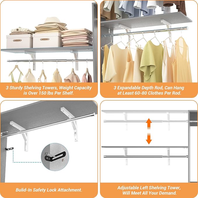 8FT Closet System with Shelves, Wall Mount Bedroom Wardrobe Walk-in Closet - Image 6