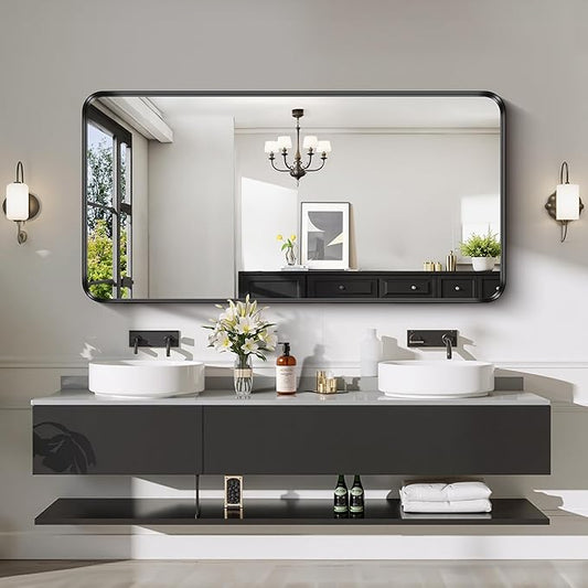 CIRCUMI Black Bathroom Mirror, Rounded Corner, Tempered Glass, Large Mirror by CIRCUMIMirror
