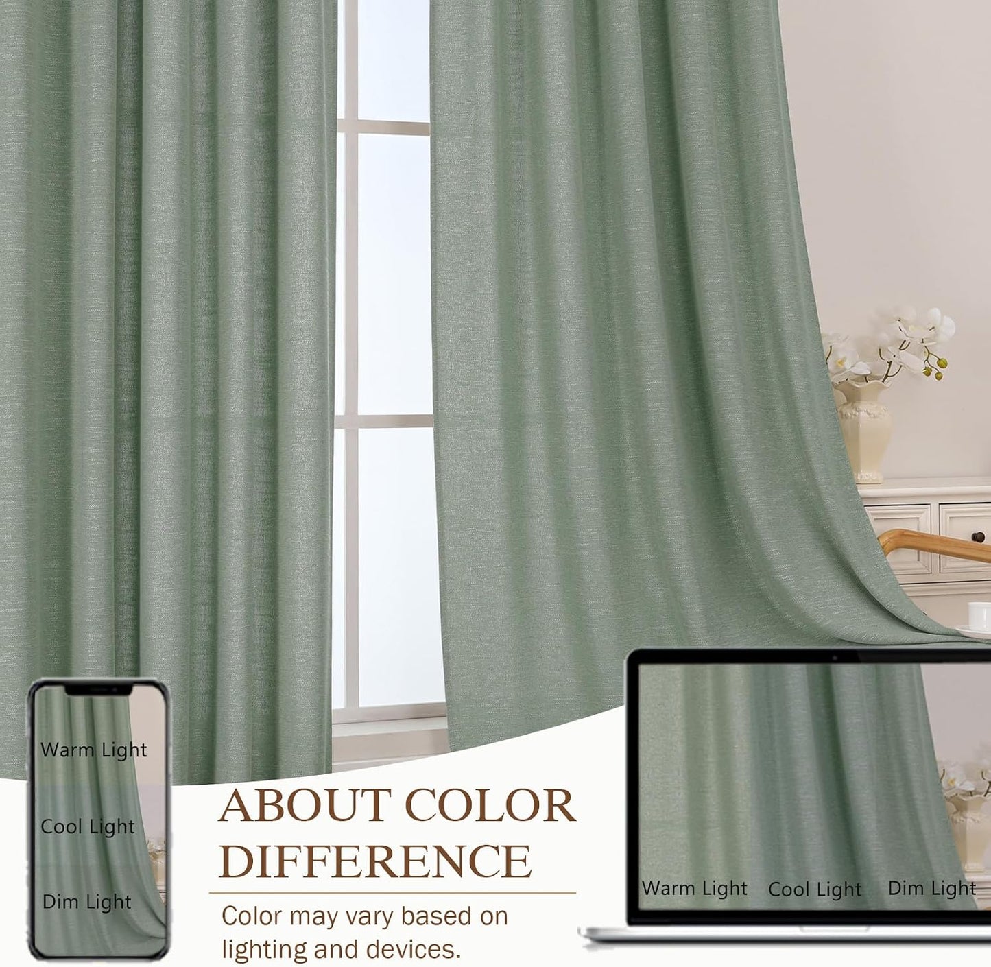Sage Green Kitchen Curtains 36 Inch Length 2 Panels Set, Light Filtering Faux Linen Textured Short Curtains Tier for Windows, Top Rod Pocket Curtain for Cafe Bathroom Basement Window, 30"Wx36"L