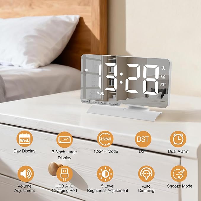 SZELAM Digital Clock, Alarm Clock Bedside, 7.3'' Large LED Mirror - Image 3