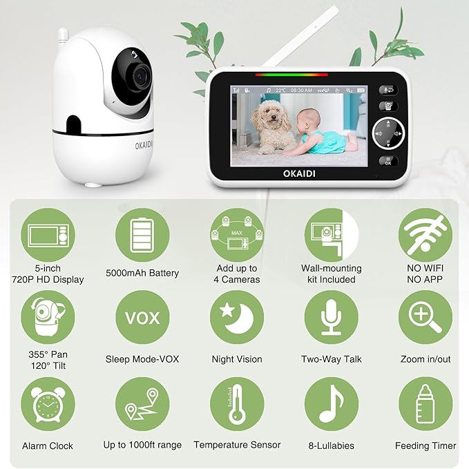 OKAIDI 5" HD Baby Monitor with Camera and Audio, 720P Display, 5000mAh Battery - Image 2