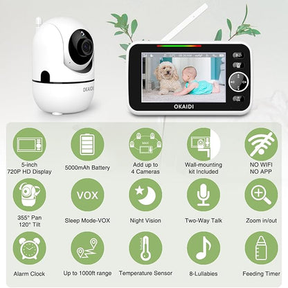 OKAIDI 5" HD Baby Monitor with Camera and Audio, 720P Display, 5000mAh Battery - Image 2