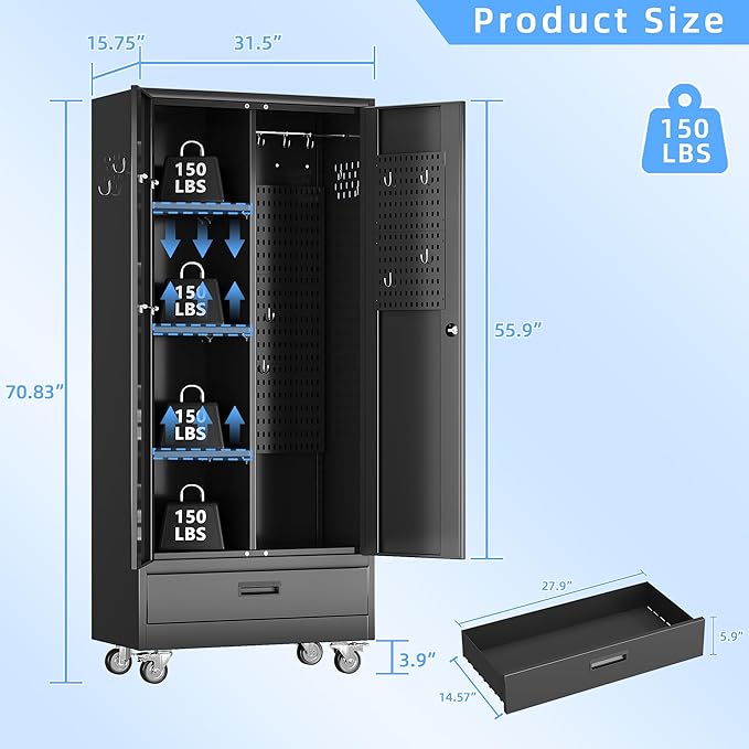 SUXXAN Broom Closet with Wheels 71"x 31.5"x15.75", Metal Cleaning Cabinets with - Image 3