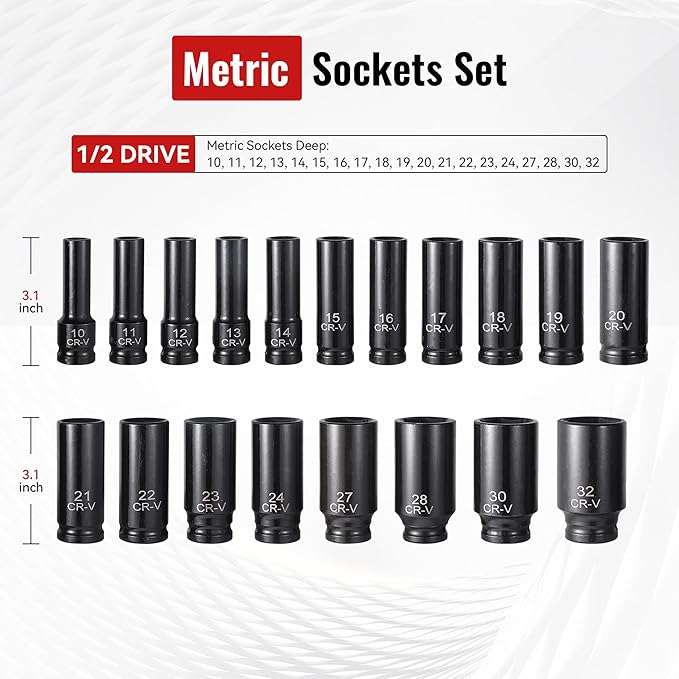 25-Piece 1/2" Drive Socket Set, Deep Sockets, Extension Bars, 1/2" F to 3/8" M - Image 2