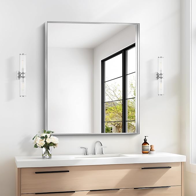 Silver Bathroom Mirror, 30x36 Inch Rectangular Framed Mirror, Large Wall - Image 2