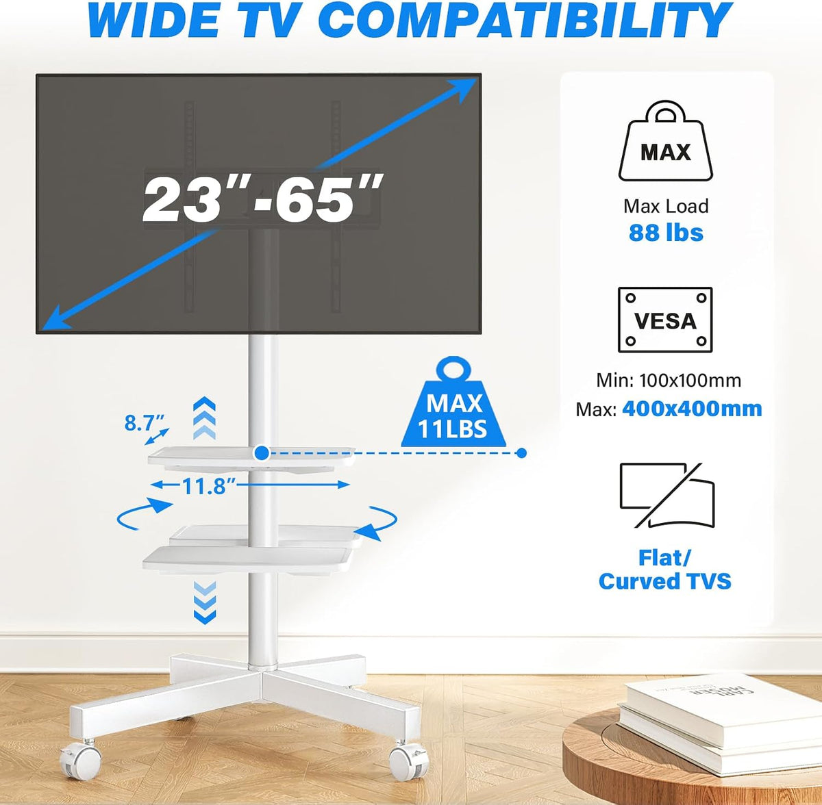 Rfiver Mobile TV Stand for 23-65 Inch Flat/Curved TVs up to 88 lbs White