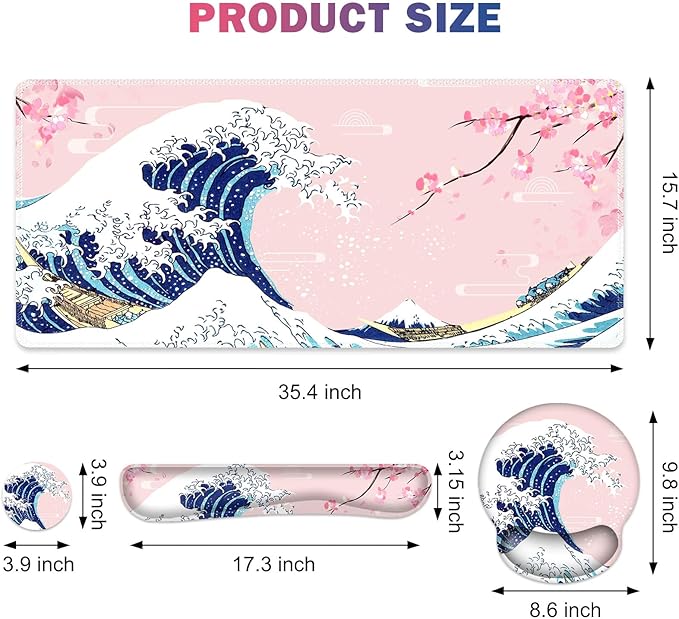 Gaming Mouse Pad, Large Desk Mat, Cute Desk Pad Protector, Japanese Wave of - Image 6
