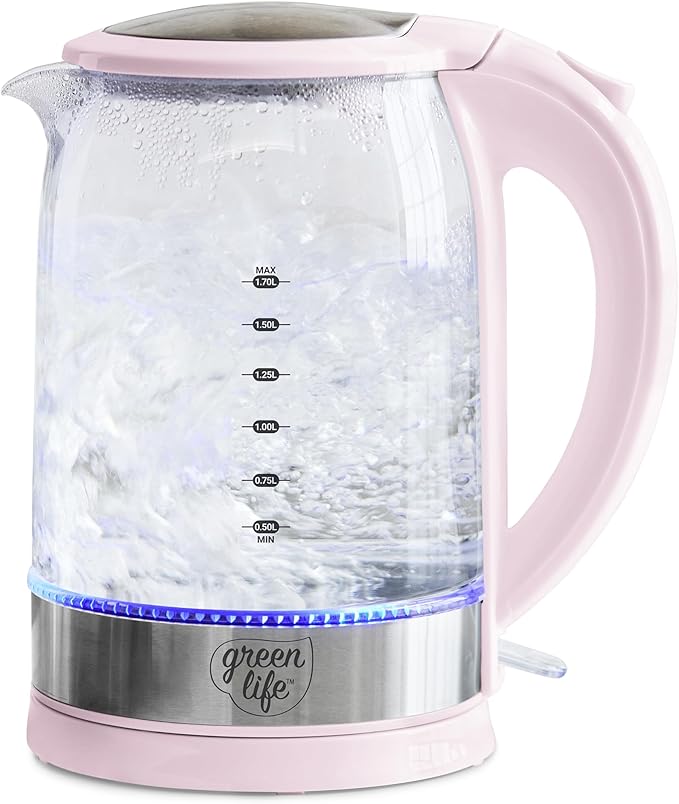 GreenLife 1.7 Liter Glass Electric Kettle, Easy One Touch Use, Quick Heating by GreenLife