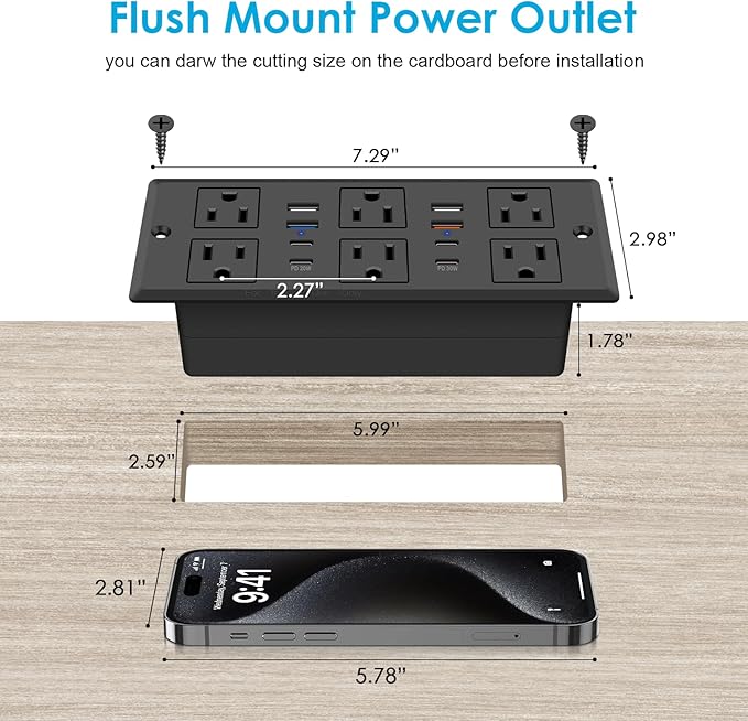 30W Recessed Power Strip USB C, Desk Flush Mount Outlet Plug in 6 AC & 8 USB - Image 2