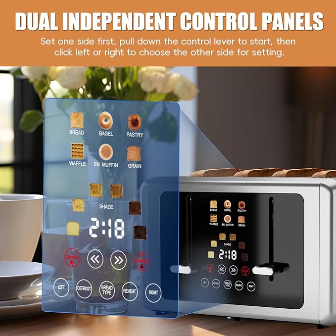 4 Slice Toaster, Touchscreen & Dual Independent Control Panel，5 Basic Functions - Image 2