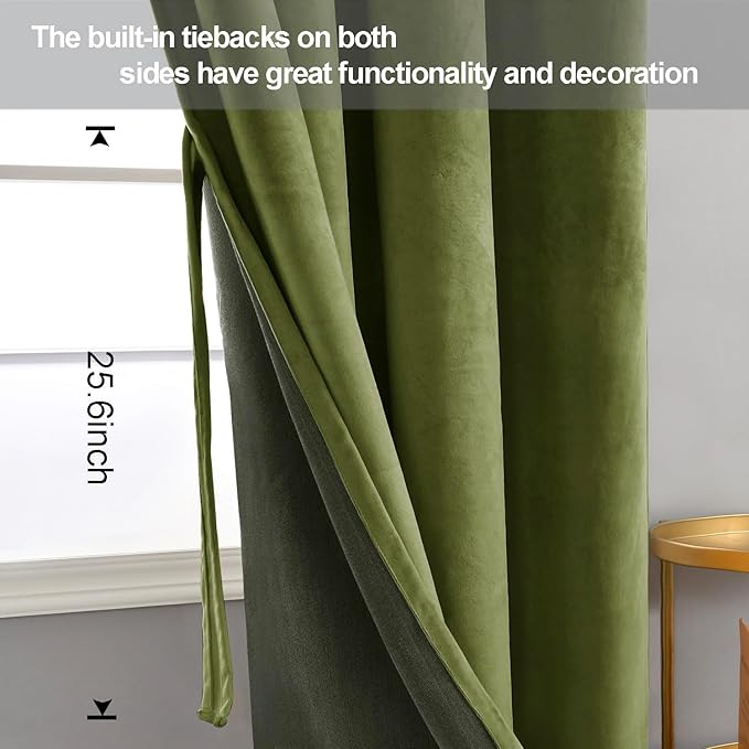 JIUZHEN Moss Green Velvet Curtains 90 inches Blackout Curtains - Image 3