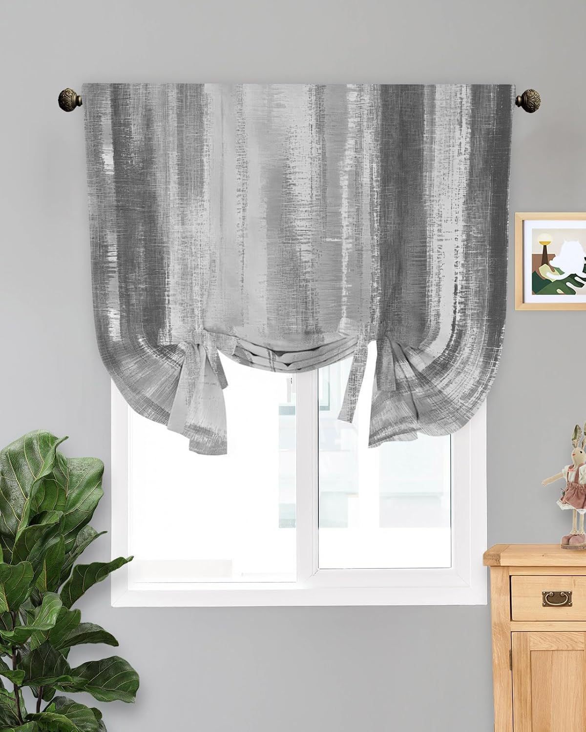 Tie Up Curtains for Windows, Gray Black Ombre Adjustable Balloon Nature Linen Textured Kitchen Curtain, Modern Abstract Art Oil Painting Decorative Tie Up Curtain for Window, 52" x 45"