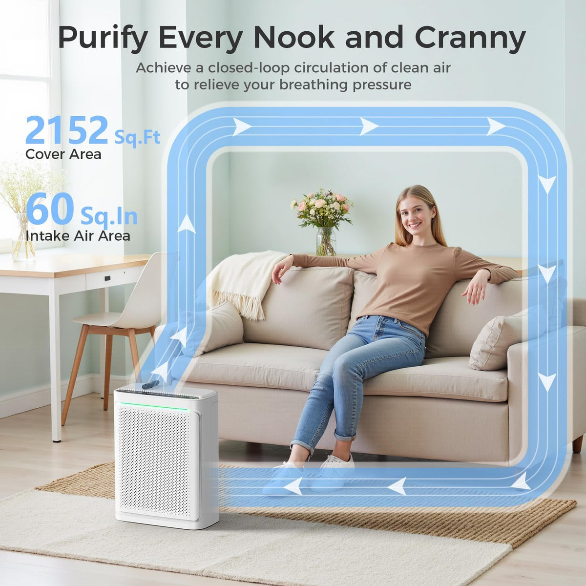 voopnu air purifiers for home with air quality, side view