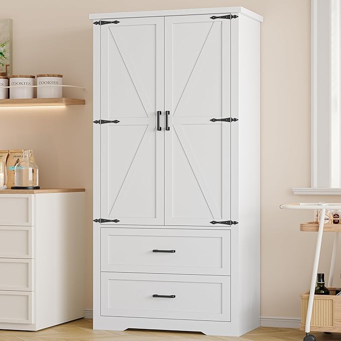 Pantry Organizers and Storage Cabinet, 71” Barn Door White Kitchen Cabinet by BORNOON