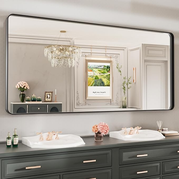 LOAAO 77X36 Inch Black Metal Framed Bathroom Mirror - Image 8