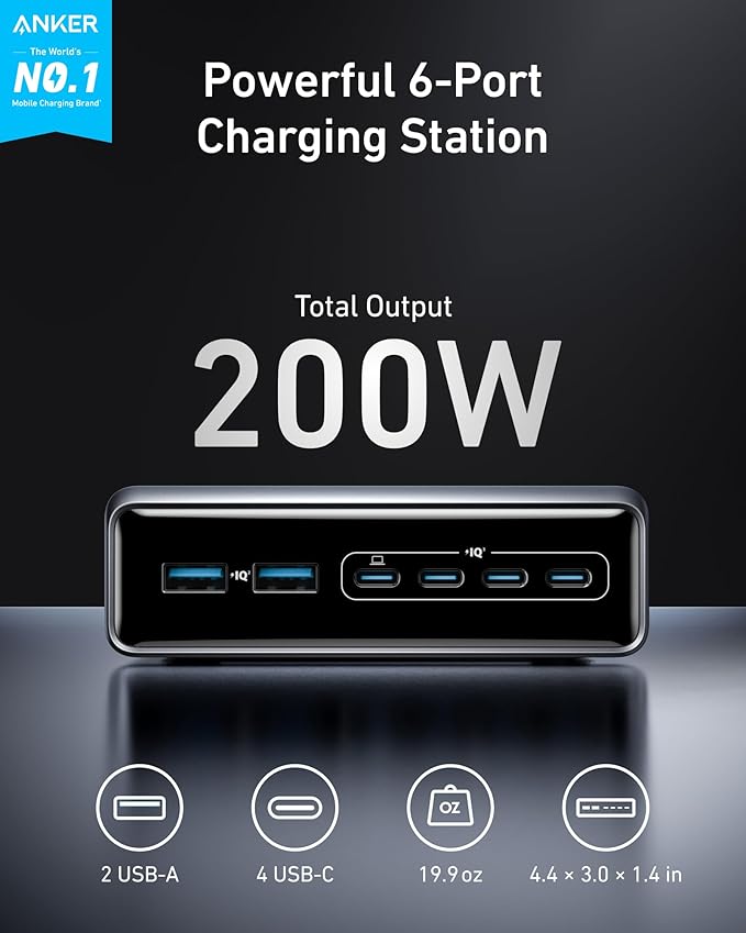 Anker Prime Charging Station, 200W 6-Port GaN Desktop Charger, Fast Charging - Image 2