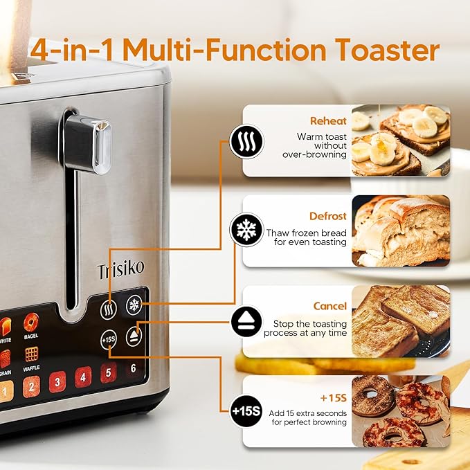 Trisiko® Touch Screen Toaster 2 Slice, Stainless Steel Smart Toaster - Image 5