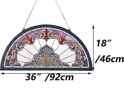 Bieye Lady Astor Demi-Lune Half-Round Window Panel Tiffany Style Stained Glass Hangings for Home Décor 36" W x 18" H W10035