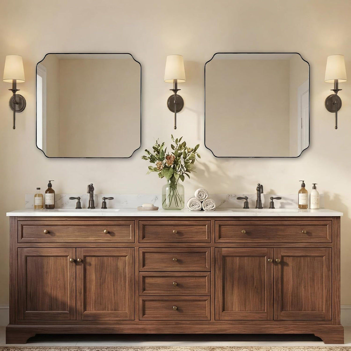 ANDY STAR 24x24 Inch Square Mirror, Matte Black Vanity Mirror, Modern Scallop...