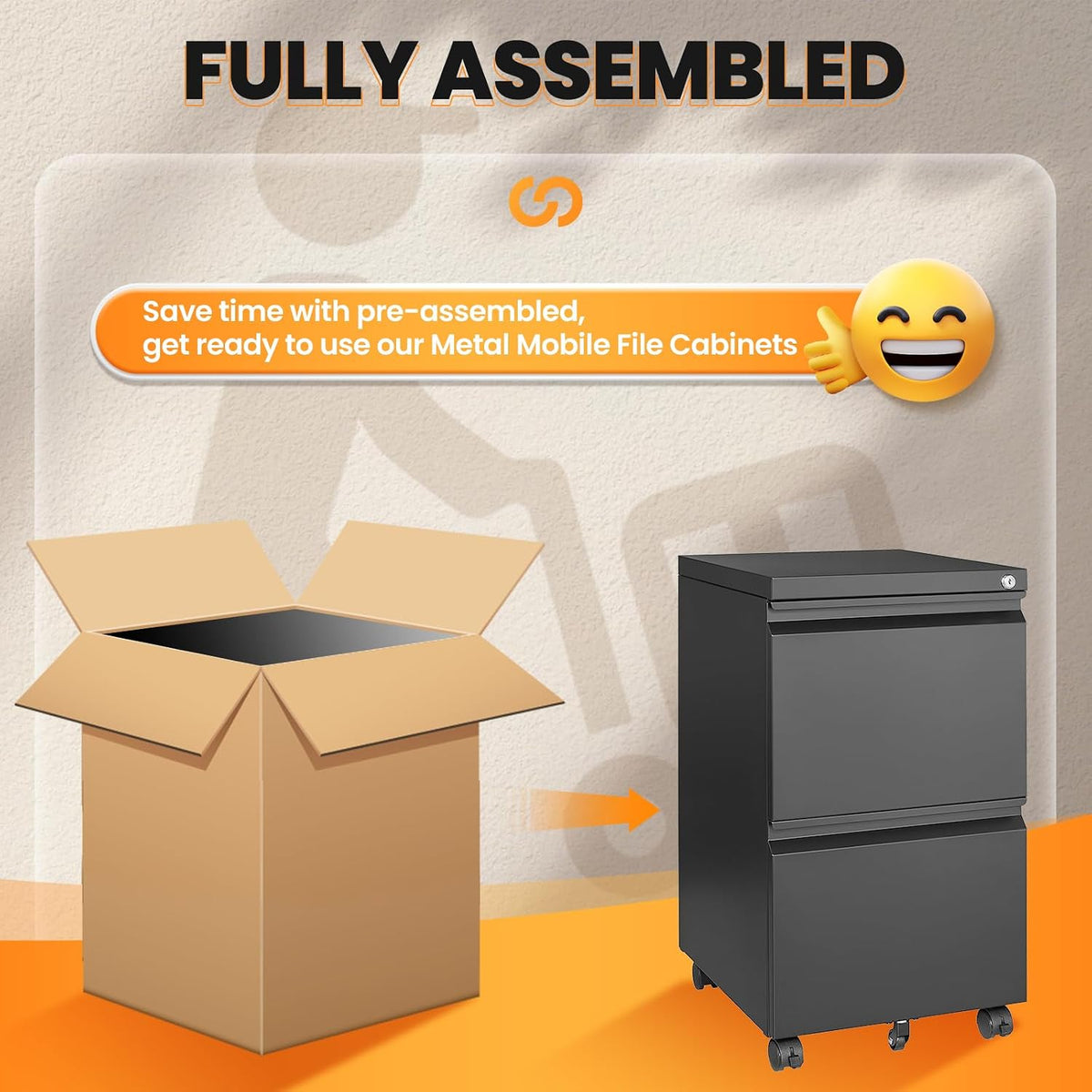2 drawer file cabinet, fully assembled mobile file, side view