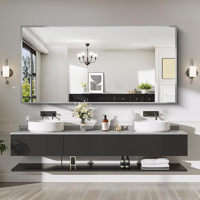 CIRCUMI Silver Bathroom Mirror, Brushed Finish, Tempered Glass, Large Mirror - Image 4