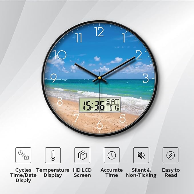 Modern Wall Clocks with Calendar and Date Ocean Wave Sea Beach Digital Clock - Image 2