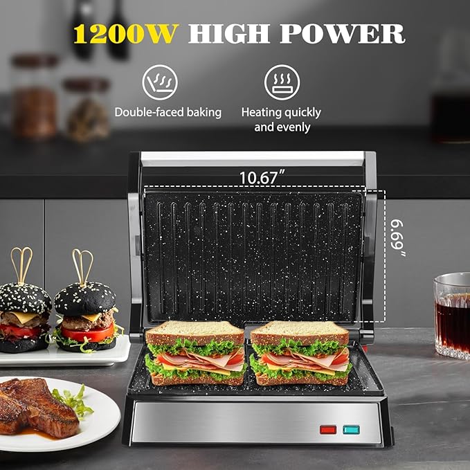 Aigostar Panini Press, 1200W Sandwich Maker and Electric Indoor Grill - Image 3