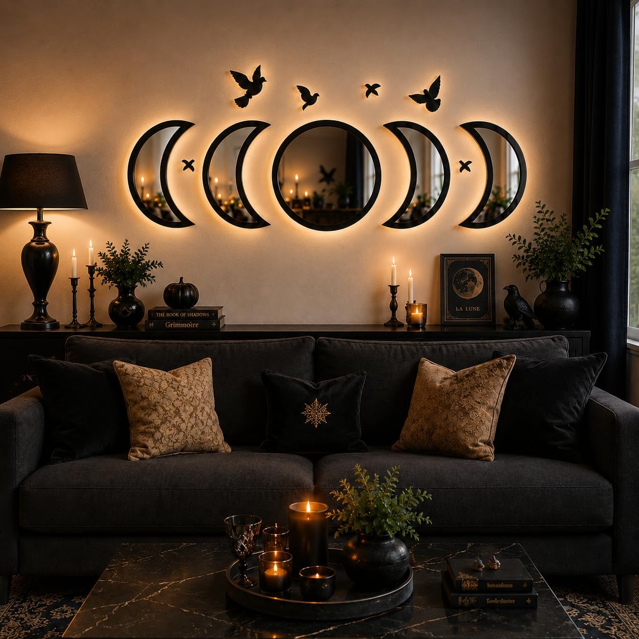 NESHE Moon Phase Mirror Wall Decor Set with Birds | Gothic Witchy Boho Wall Mirror Decor | Scandinavian Aesthetic Home Decor for Bedroom Living Room (Black)